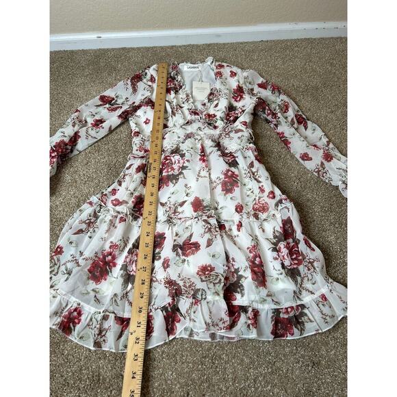 Lashbair V Neck Summer Dress A-line Print Ruffle Long Sleeve NEW floral SZ SM - Picture 2 of 9